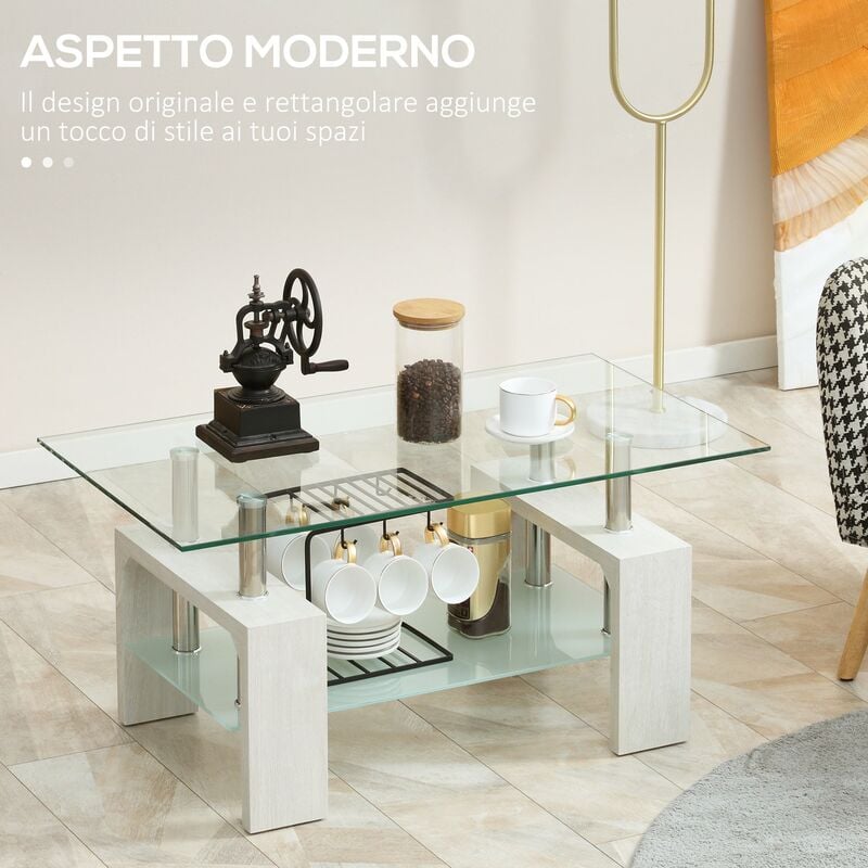 Tavolino da Caffè a 2 Livelli 90x50x42 cm in Vetro e Legno Bianco