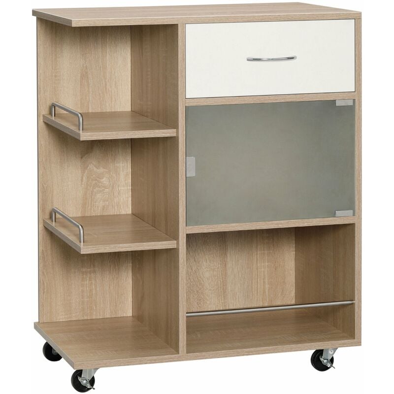 Carrello da Cucina Portavivande con Cassetto 65x39x80 cm Ripiani e  Armadietto in Legno Acciaio e Vetro