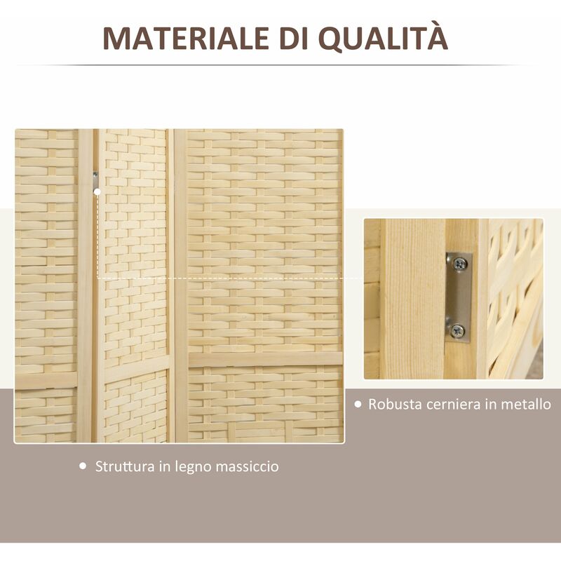 Paravento Separè 4 Ante H170 cm in Legno e Bambù Marrone