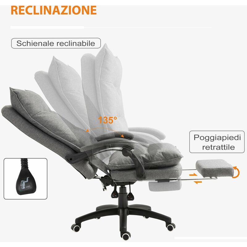 Sedia Poltrona da Ufficio Presidenziale Massaggiante 70x62x120-130 cm con  Poggiapiedi Grigio