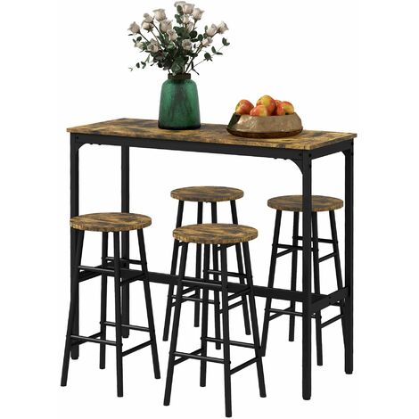 Set Tavolo Alto Rettangolare con Sgabelli in MDF e Acciaio Nero e Marrone