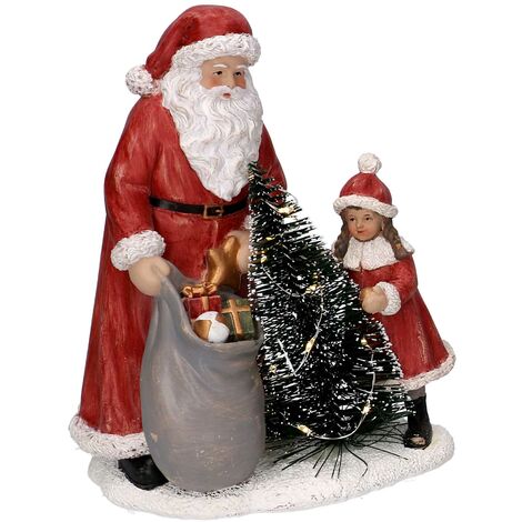 Statua resina babbo natale con bambina rosso con led cm 15x11xh18,5