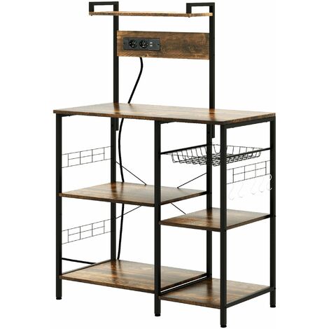 Scaffale Cucina con Multopresa 90x42x130 cm in Legno e Acciaio Marrone Rustico (1/5)