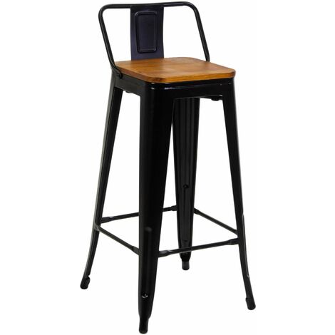 Sgabello con Schienale New Bristol 42x42xh77/94 cm in Ferro Nero con seduta in Legno