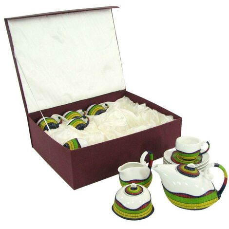 Set Tazze The 9 Pezzi con Teiera e Lattiera in Porcellana Decoro in Bambù Multicolor (1/2)