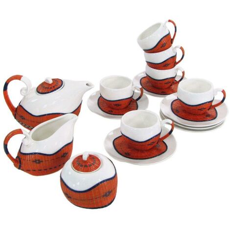 Set Tazze The 9 Pezzi con Teiera e Lattiera in Porcellana Decoro in Bambù Arancione (1/3)