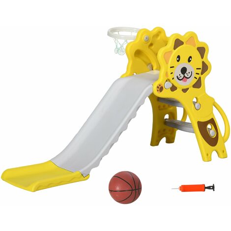 Scivolo per Bambini 131x50x74 cm con Canestro Laterale in PE Giallo e Grigio (1/5)