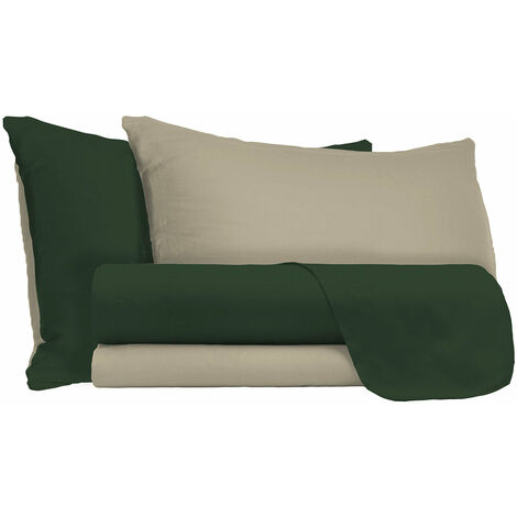 Set Lenzuola Matrimoniale Sopra Sotto e Federe Double Face Verde Oliva/Tortora