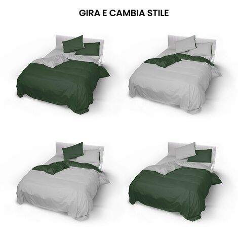 Set Copripiumino 100% Cotone Natural Color, Made in Italy - Parure Copri Piumino - Sacco Piumone 150x200 cm con Doppia Patella e Federa Cuscino, Singolo, Verde Petrolio/Verde Bottiglia