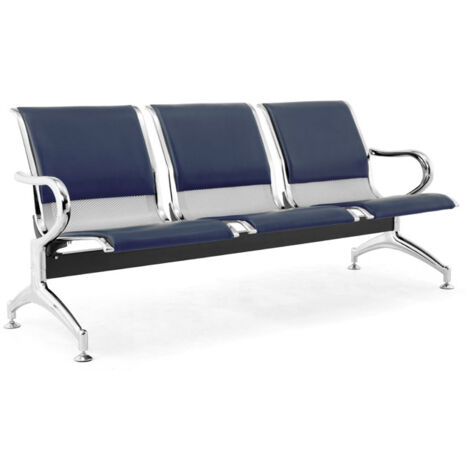 Panca per Sala Attesa 3 Posti da Ufficio con Cuscino in Acciaio e Similpelle Argento/Blu Navy (1/4)