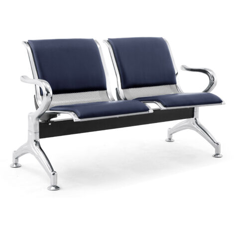 Panca per Sala Attesa 2 Posti da Ufficio con Cuscino in Acciaio e Similpelle Argento/Blu Navy (1/4)
