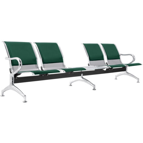 Panca per Sala Attesa 4 Posti da Ufficio con Cuscino e Tavolino in Acciaio e Similpelle Argento/Verde (1/5)