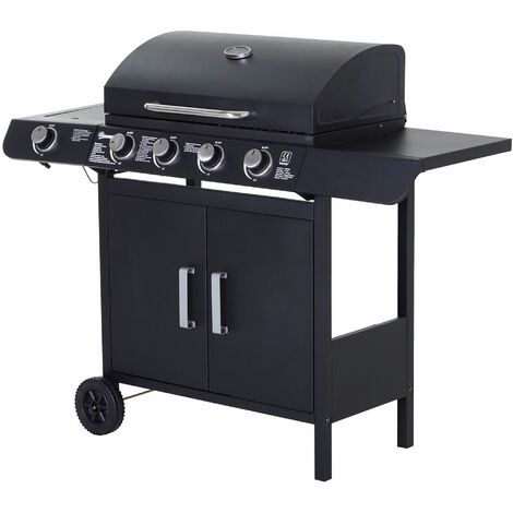 Barbecue a Gas a 5 Fornelli con Ripiani Laterali e Armadietto 125x51x100 cm in Acciaio e PP Nero