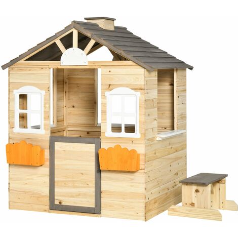 Casetta Bimbi 3-7 Anni a 2 Finestre con Portavasi e Panchina 113Lx94x134,5 cm in Legno di Abete e PP Naturale