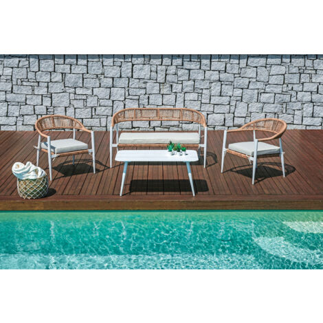 Set Salotto da Giardino Divano 2 Poltrone e Tavolino Milano In Alluminio Bianco con Cuscini Ecrù (1/5)