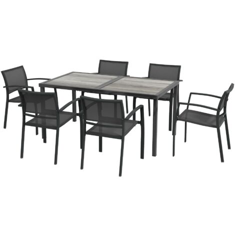 Set Tavolo e 6 Sedie Impilabili da Giardino in Tessuto a Rete e Tavolo Effetto Legno Grigio (1/5)