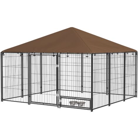 Recinto per Cani con Porticina per Ciotole 211x211x151 cm in Metallo e Tessuto Oxford Nero e Marrone