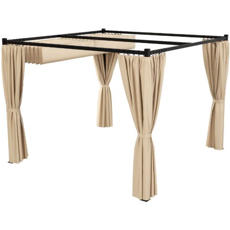 Pergola da Giardino con Tetto Retrattile e Tende 300x300x227 cm in Metallo e Poliestere Beige