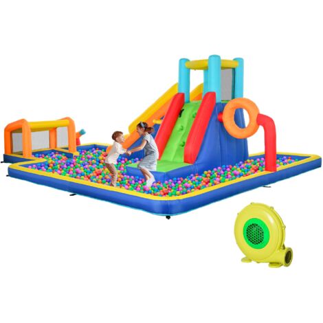 Castello Gonfiabile per Bambini 590x460x220 cm con Scivolo Porta e Canestro in Tessuto Oxford