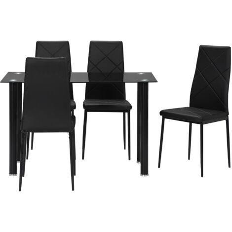 Set Tavolo da Pranzo con Piano in Vetro e 4 Sedie Imbottite in Finta Pelle Nero