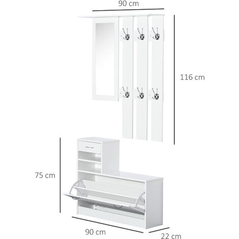 DACHETOU Set Guardaroba Bianco E Legno Con Specchio, Scarpiera, Banco Imbottito E 2 Ganci Appendiabiti, Dimensioni 100x38x180 Cm