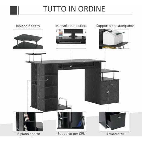 Scrivania Porta PC Moderna Tavolo da Ufficio con Ripiani Tastiera