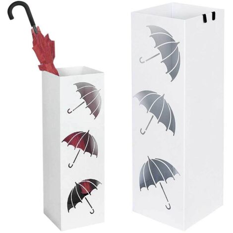 Portaombrelli in Metallo Design Quadrato Stand Bianco Vaschetta Salvagoccia