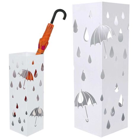 Portaombrelli in Metallo Design Quadrato Stand Bianco Vaschetta Salvagoccia