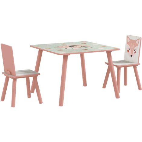 Set Tavolo con 2 Sedie per Bambini in Legno di Pino e MDF Rosa