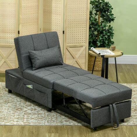 HOMCOM Poltrona Letto in Ferro e Cotone con Cuscino a Righe 75 x 70 x 75cm Grigio | Italy