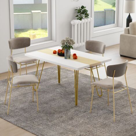 Tavolo Da Pranzo Moderno 160x60 Cm - Bianco Con Gambe Ad Arco In Metallo, Per 6-8 Persone - Foto 6