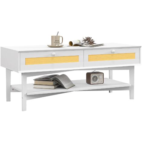 Tavolino da Caffè Boho con 2 Cassetti e Ripiano 120x50x50 cm in Rattan e Truciolato Bianco e Legno (1/5)