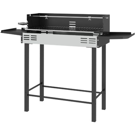 Barbecue a Carbone a 3 Livelli con Mensole Pieghevoli e Girarrosto 118x32x90 cm in Acciaio Inox Nero