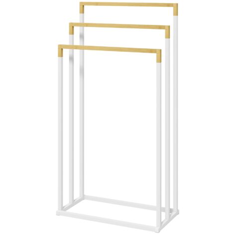 Relaxdays Portasciugamani, Piantana per Bagno e Cucina, 3 Aste, in Bambù e Acciaio Inox, HxLxP: 84x48x26 cm, Naturale