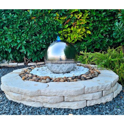 Sfera Cascata Artificiale da Giardino con LED Ø40 cm in Acciaio Inox con Pompa