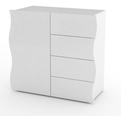 Mobile Multiuso 1 Anta 4 Cassetti 90x40x81 cm Onda Bianco Lucido (1/4)