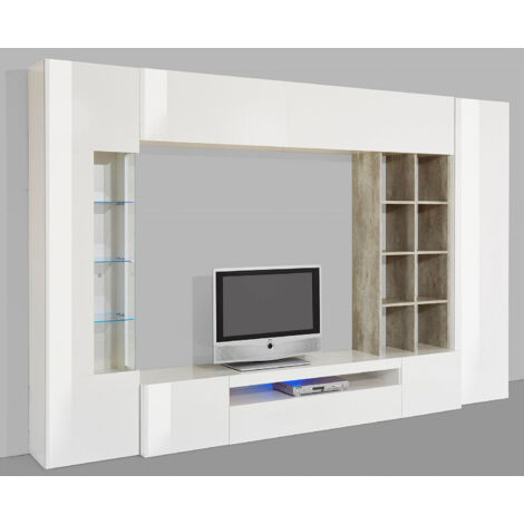 Parete Attrezzata Soggiorno 200x40x35 cm Egypt Bianco Lucido e Cemento