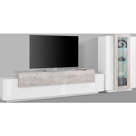 Parete Attrezzata Soggiorno Porta TV 200x45x51,6 cm con Vetrina Coro Bianco Lucido e Cemento (1/4)