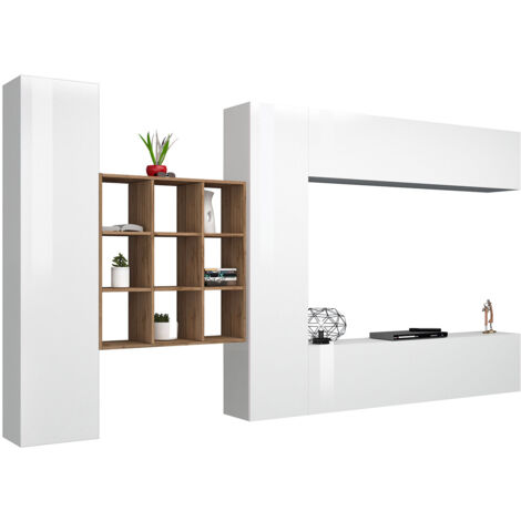 Parete Attrezzata Soggiorno 350x30x180 cm Maruska n°29 Bianco Lucido (1/5)