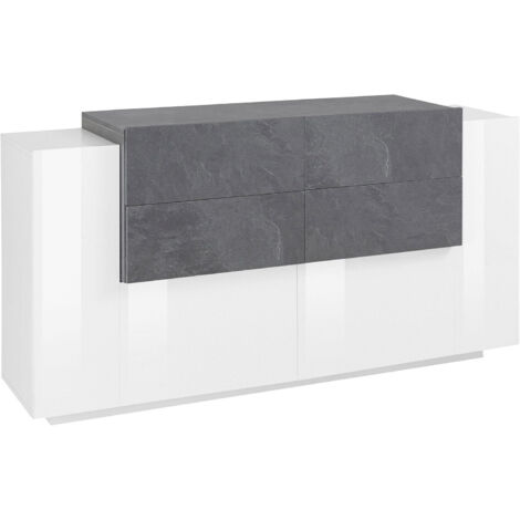 Credenza 2 Ante Battenti e 4 Cassetti 160x86x45 cm New Coro Bianco Lucido e Ardesia (1/4)