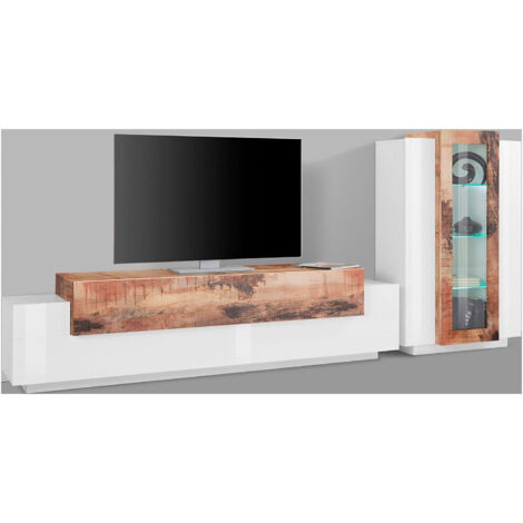 Parete Attrezzata Soggiorno Porta TV 200x45x51,6 cm con Vetrina Coro Bianco Lucido e Acero Pereira