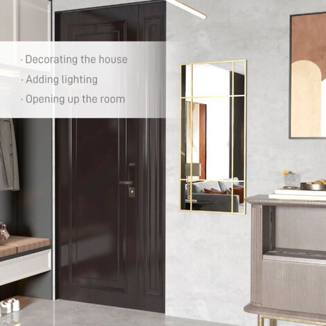 Specchio da Parete Stile Finestra con Montaggio Verticale e Orizzontale 110x50 cm Cornice in Oro