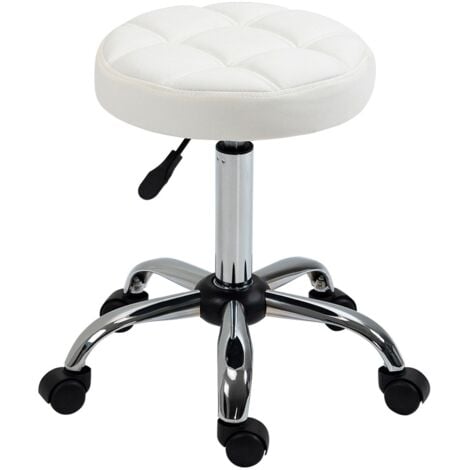Sgabello Girevole Con Ruote | Altezza Regolabile 43,5-59cm | Sedile In Pelle PU 33cm | Bianco Per Estetica E Massaggio