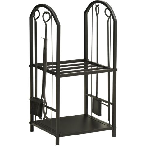 Portalegna per Camino Legnaia a 2 ripiani in Metallo 41,5x32,5x74,5 cm Max 60Kg con attrezzi Nero