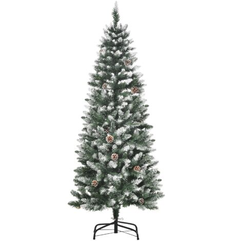 HOMCOM Albero di Natale Innevato Alto 180 cm con 910 Rami, Albero di Natale Artificiale da Interno con Pigne Decorative, Base in Metallo Pieghevole, Verde