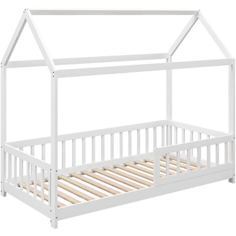 Letto Singolo per Bambini Casetta 96x195x165 cm con Doghe e Recinzione in Legno di Pino Bianco (1/5)