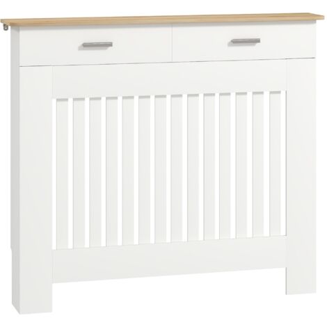 Copritermosifone a Doghe Antiribaltamento 112x19x97 cm con Vano Contenitore in Legno Bianco