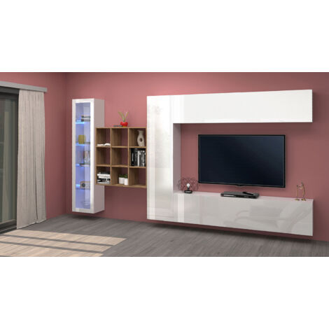 Parete Attrezzata Soggiorno 350x30x180 cm Maruska n°23 Bianco Lucido/Rovere Wotan (1/5)