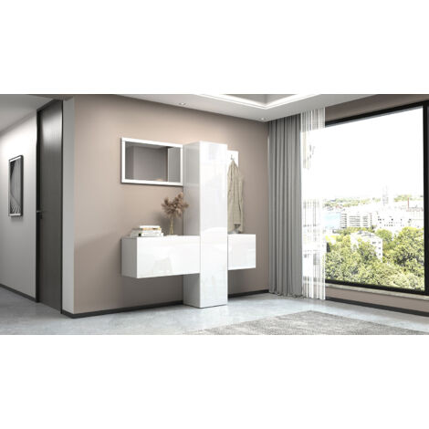 Mobile Ingresso Appendiabiti e Specchio 170x35x191 cm Kompact Bianco Lucido (1/5)