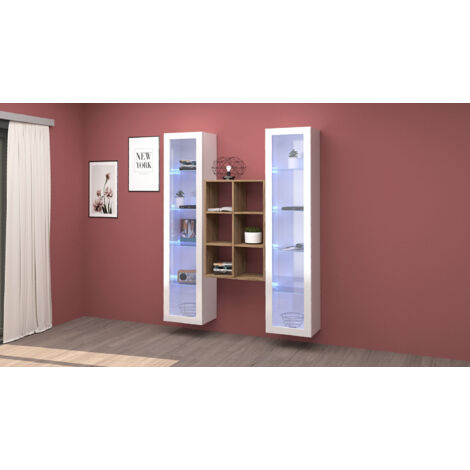 Parete Attrezzata Soggiorno 140x30x180 cm Maruska n°19 Bianco Lucido/Rovere Wotan (1/5)